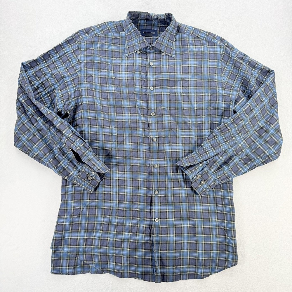 Scott Barber Shirt Mens Large Blue Plaid 100% Cotton Button Up Long Sleeve